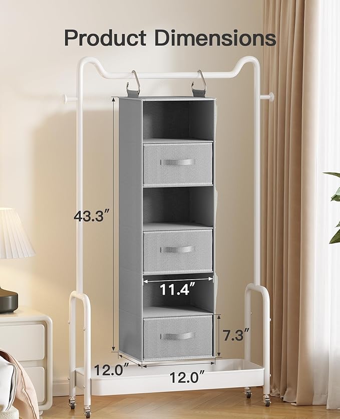 Pipishell Hanging Closet Organizer 6-Shelf, Hanging Shelves for Closet with 3 Removable Drawers & Side Pockets for Bedroom or Garment Rack, 12' x 12' x 43.3', Dark Gray