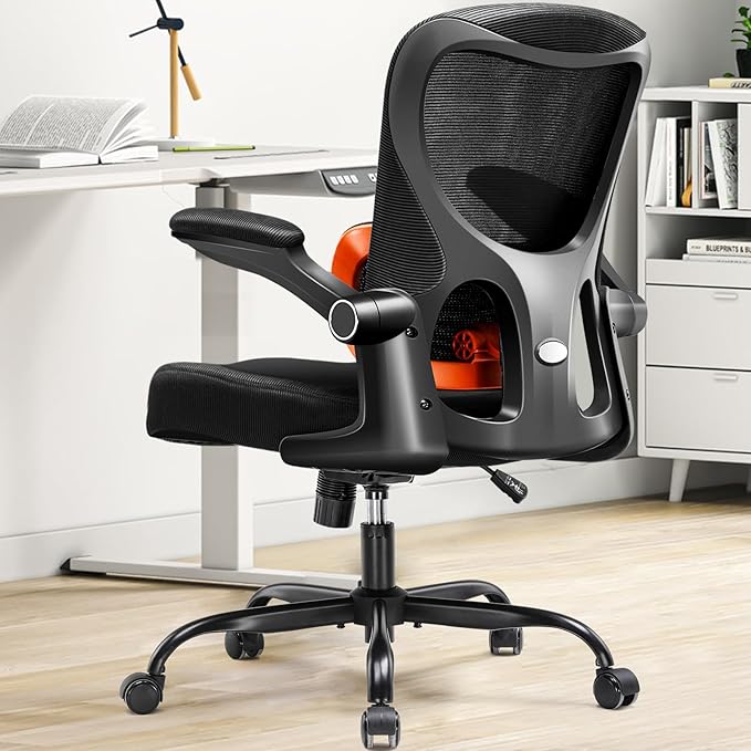 GTRACING Office Chair Ergonomic Desk Chair with 3D Adaptive Lumbar Support, High Back Home Mesh Chair with Flip-Up Arms, Swivel Rolling Computer Seating for Long Desk Work (Black)