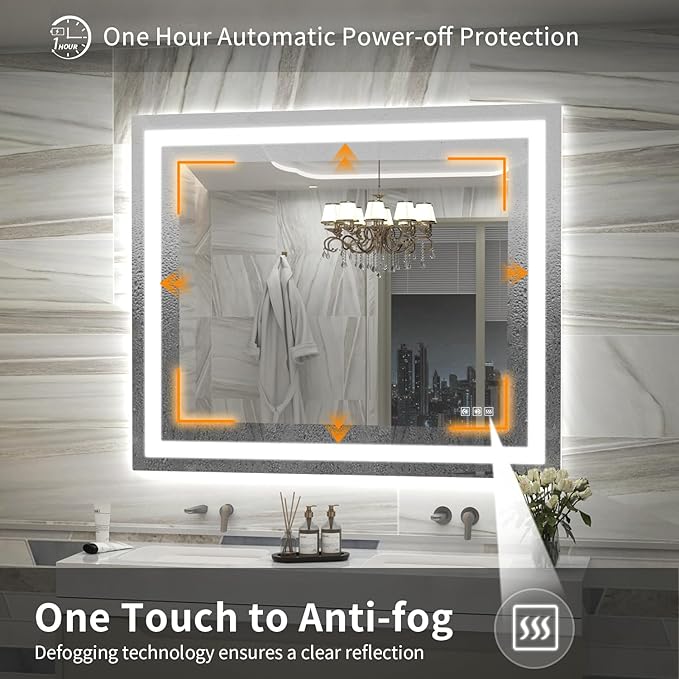 LED Mirror for Bathroom, 48x40 Inch Backlit + Front Lighted Bathroom Vanity Mirror with Lights for Wall, Double Light Strips, 3 Colors, Shatter-Proof, Anti-Fog and Brightness Memory