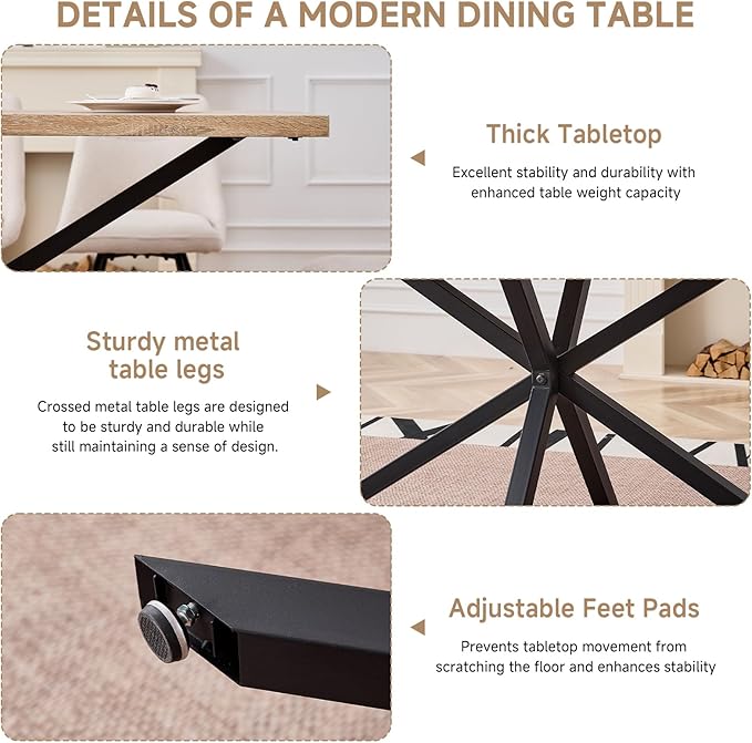 55.1 Inch Dining Table for 4 6 People Rectangular Wooden Kitchen Tables Mid Century Modern Dinner Table Long Dinning Room Table with Metal Cross Legs for Kitchen Living Room Comedor(Natural)