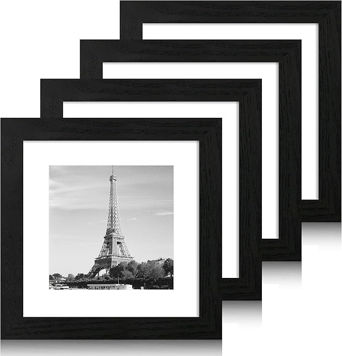 8x8 Picture Frames Set of 4 with High Definition Real Glass, Black Frames Display 6x6 Picture with Mat or 8x8 Without Mat, Wood Square 8 x 8 Photo Frame for Wall Mount and Tabletop Display
