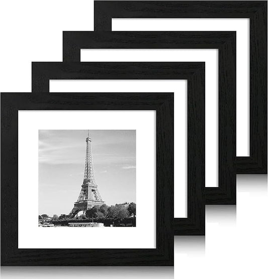 8x8 Picture Frames Set of 4 with High Definition Real Glass, Black Frames Display 6x6 Picture with Mat or 8x8 Without Mat, Wood Square 8 x 8 Photo Frame for Wall Mount and Tabletop Display