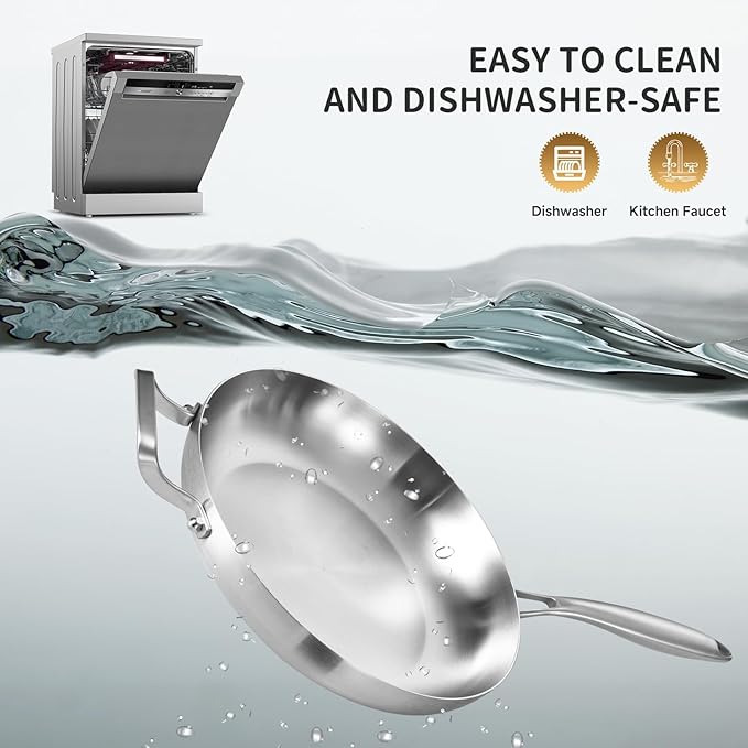 LOLYKITCH 12 Inch Tri-ply Stainless Steel Frying Pan with Lid and Helper Handle,Skillet,Induction Cooking Pan,Dishwasher and Oven Safe,Detachable Handle.