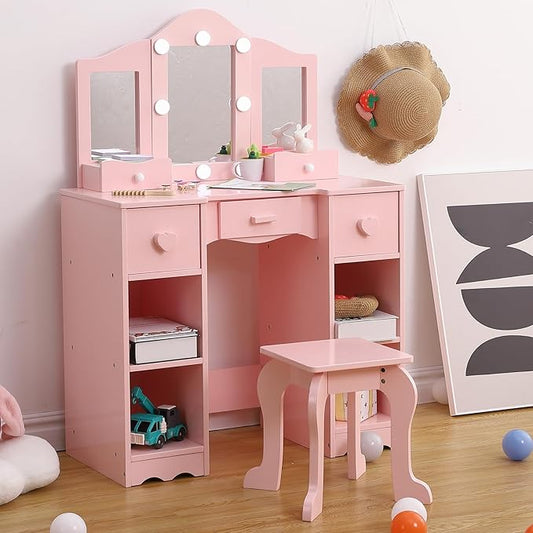 Kids Vanity Set With Mirror, 2 in-1 Wooden Toddler Vanity Table With Stool, Tri-Folding Mirror & Drawer, Princess Pretend Play Makeup Vanity Princess Makeup Desk Dressing Table for Little Girls
