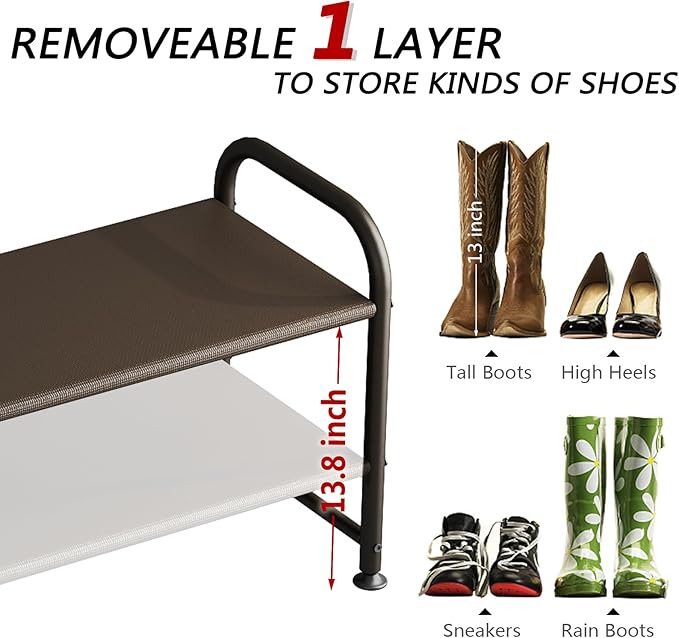 Shoe Rack 2 Tier Long Storage Organizer Wide Metal Shoe Shelf for Closet Entryway Brown