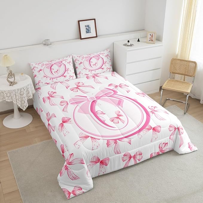 jejeloiu Kids Girls Cute Pink Bow Comforter Set Queen Size Monogrammed Bedding Set Ultra Soft Personalized Initial O Duvet Quilt Coquette Bow Knot Quilt Set Room Decor Modern Fashion Comforter