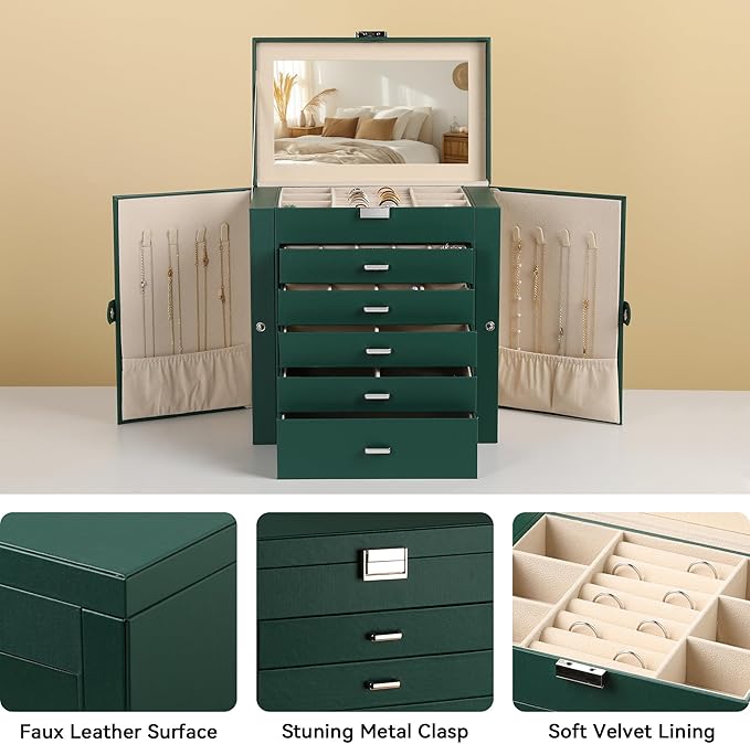 Frebeauty Large Jewelry Box,6-Tier PU Leather Jewelry Organizer,Multi-functional Storage Case with Mirror,Accessories Holder with 5 Drawers for Necklace Bracelets Watches(Blackish Green)