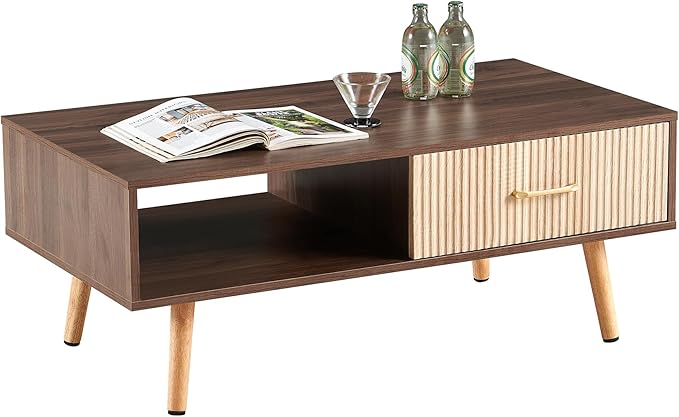 Mid Century Wooden Coffee Table with Stripe Drawer，Modern 41" Large Center Table with Storage，Rectangular Walnut Wood Coffee Tables for Living Room, 2-Tier Cocktail Table, Solid Wood Legs