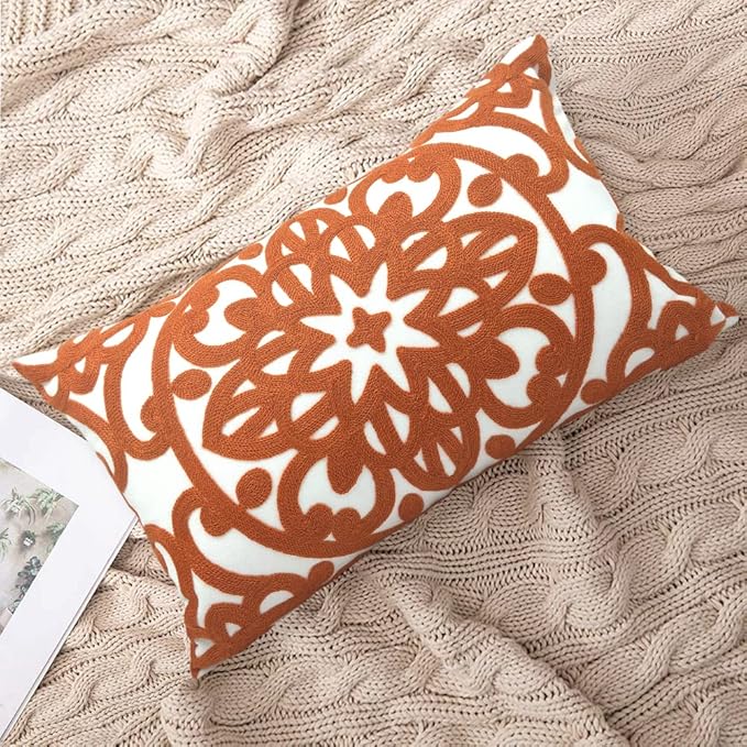 Alysheer Embroidered Lumbar Decorative Throw Pillow Cover 12"x 20", Classic Boho Mandala Embroidery Pattern Cotton Rectangular Cushion Case for Sofa Couch Living Room Bedroom(Burnt Orange)