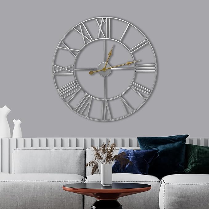 Sorbus Large Wall Clock for Living Room Decor – Easy to Hang 24-Inch Big Wall Clock – Metal Wall Art for Kitchen, Bedroom, Home, Office – Analog Decorative Wall Clock (Silver)