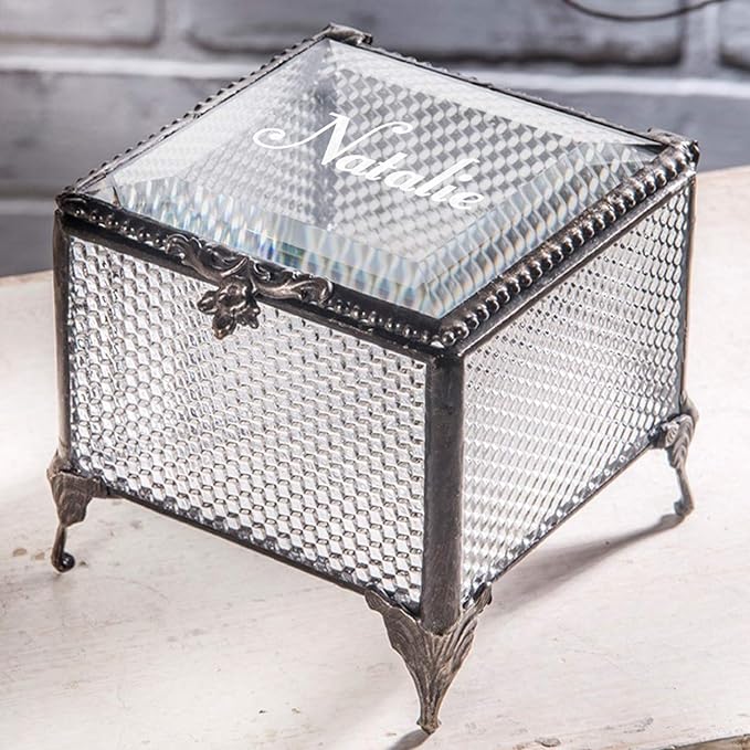 Personalized Engraved Jewelry Box Decorative Vanity Display Stained Glass Keepsake - J Devlin Box EB217-1 (Clear Honeycomb)