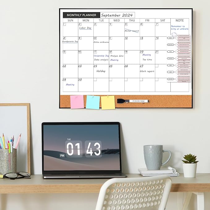 ARCOBIS Dry Erase Calendar with Cork Board for Wall, 24"x 18" Magnetic Calendar Whiteboard with Black Frame, Monthly Combination Board for School, Home, Office