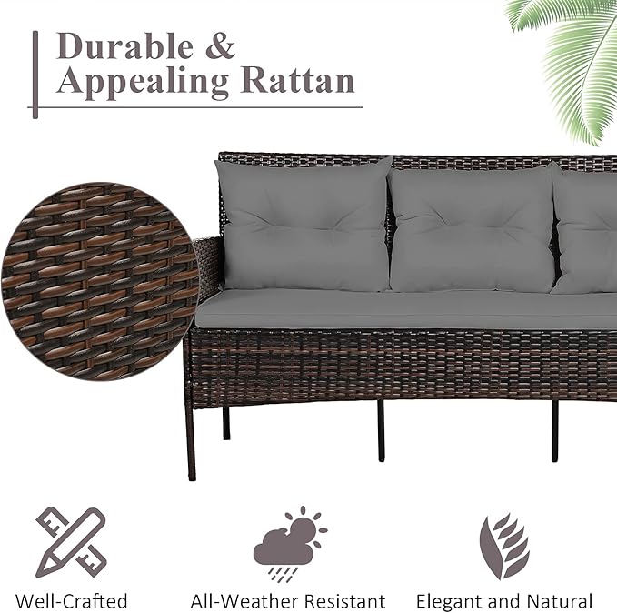 Tangkula 3 Pieces Patio Conversation Set, All Weather Outdoor PE Rattan Wicker Furniture Set with Padded Cushions, Tempered Glass Coffee Table, for Poolside, Backyard, Garden (Gray)