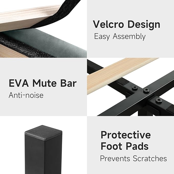 koorlian Full Size Bed Frame, Full Bed Frame with Headboard, Adjustable Velvet Upholstered Bed Frame with Type-C&USB Port, Wingback Storage Headboard, Solid Wood Slats Support, Noiseless, Light Gray