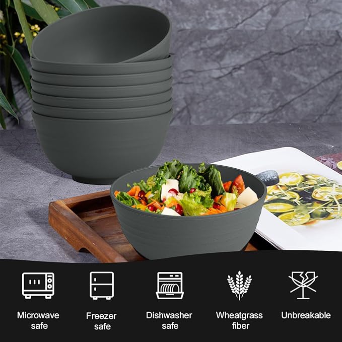 Hoimenly Wheat Straw Bowls, Unbreakable Cereal Bowl Set of 8, 26 OZ Bowls for Kitchen, Camping, Party, Microwave and Dishwasher Safe Bowls Set, Alternatives to Plastic Bowl(Dark Grey)