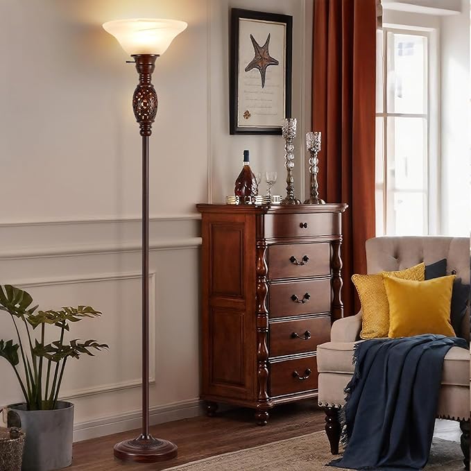 70" Torchiere Floor Lamp with NightLight - Victorian Style Standing Lamp for Living Room, Bedroom, Office - Retro Floor Lamps with Rotary Switch & Etched Glass Shade, Home Decor, Bulb Included