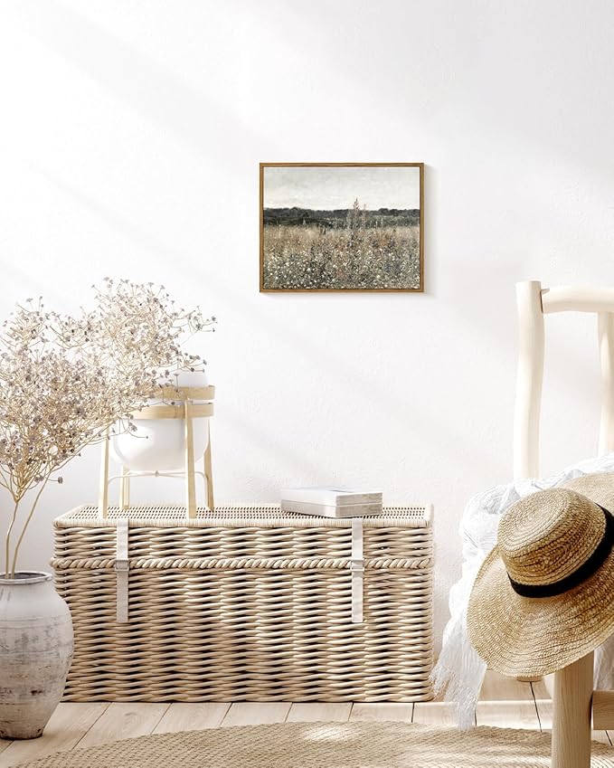 InSimSea Framed Canvas Wall Art Vintage Decor, Wildflower Field Canvas Wall Art Paintings Prints, Rustic Landscape Wall Decor for Bathroom Office, Office Dining Room Decor, 11"x14"