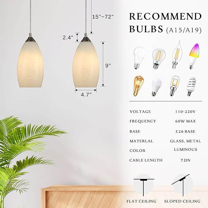 Pendant Lighting, Modern White Fishline Handblown Glass, Oval Art Shade Hanging Light, Brushed Nickel Hardware for Kitchen, Dining Room, Foyer Decor 4.7" Shade (1 Pack)