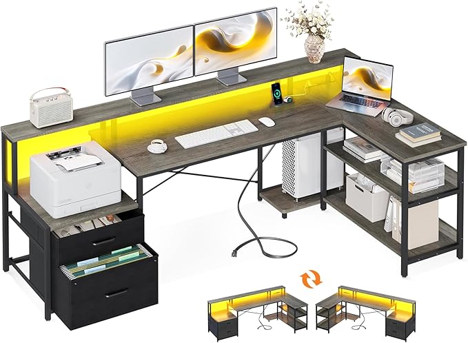 ODK L Shaped Desk with File Drawer, 75" Reversible L Shaped Computer Desk with Power Outlet & LED Strip, Office Desk with Storage Shelves, Gaming Desks with Monitor Shelf, Corner Table, Grey Oak
