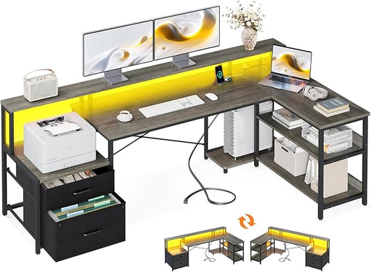 ODK L Shaped Desk with File Drawer, 75" Reversible L Shaped Computer Desk with Power Outlet & LED Strip, Office Desk with Storage Shelves, Gaming Desks with Monitor Shelf, Corner Table, Grey Oak