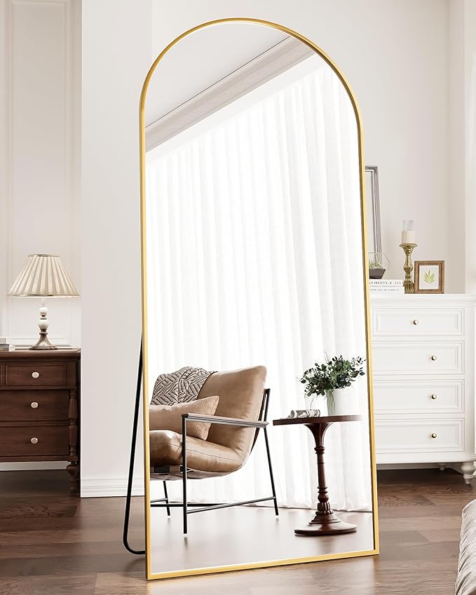 Floor Length Mirror, 81"x41" Arch Full Length Mirrors Full Length Hanging or Leaning with Stand, Wall Mounted Mirrors, Arched-Top Body Mirror with Aluminum Frame for Bedroom (Gold)