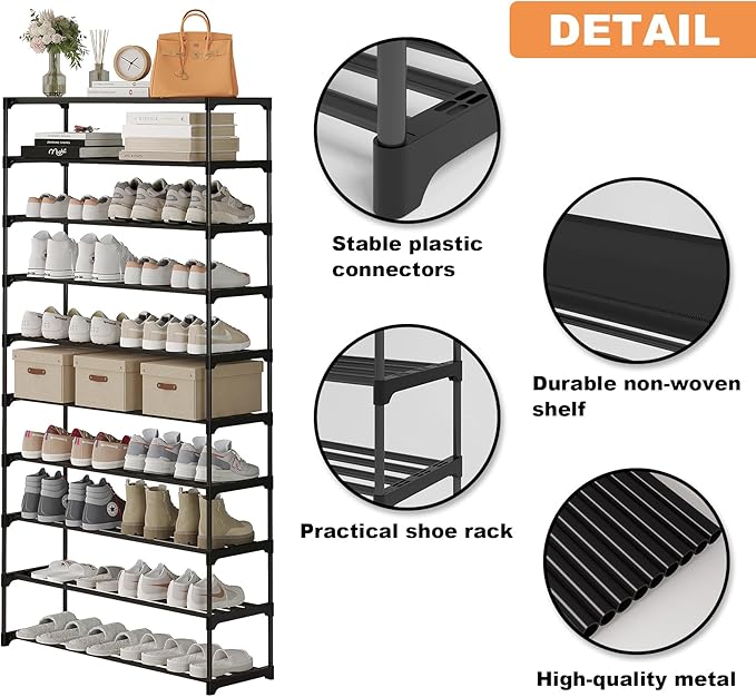 Calmootey 10-Tier Shoe Rack, Tall Large Capacity 50 Pairs Shoes Storage Organizer, Stackable Wide Shoe Shelf for Entryway, Hallway, Black
