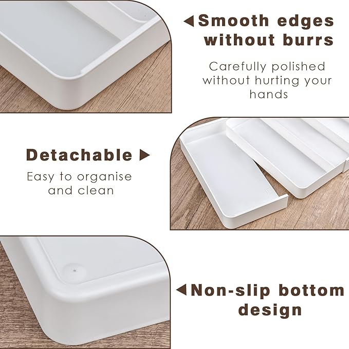 Expandable cutlery drawer organizer, silverware drawer organizer, freely adjustable large kitchen utensil tray with partitions, large adjustable plastic cutlery tray for knives, forks, spoons, white