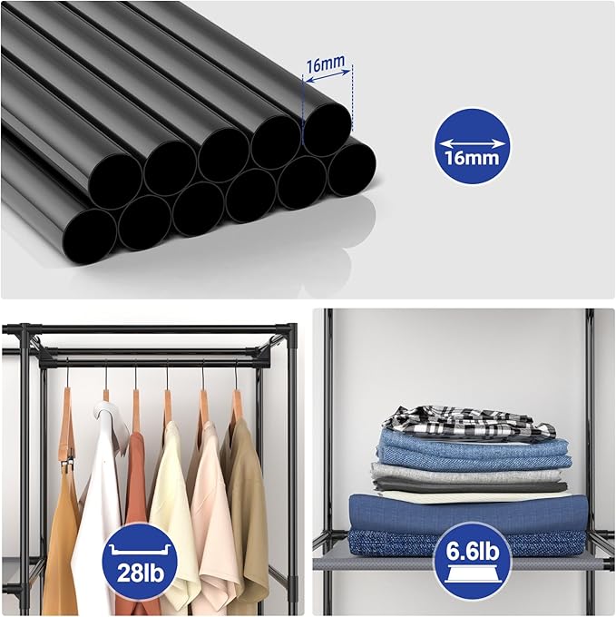 Portable Closet, Wardrobe Closet with 6 Storage Shelves and 2 Hanging Rods, Non-Woven Fabric Cover, 34.6 x 17.7 x 66.1 Inches Closet Organizer for Bedroom, Gray