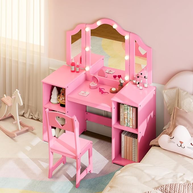 Kids Vanity Table, Princess Makeup Desk & Chair Set with touch Light Detachable Tri-Folding Mirror, Open Storage Shelves, Wooden Girls Vanity Dressing Table, Pretend Play Vanity Set for Toddler