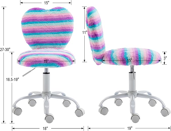 Kmax Kids Reading Chair, Rolling Cute Desk Chair for Girls Swivel Office Chair with Wheels & Heart Back Adjustable Childrens Vanity Chair for Bedroom Reading Room - Faux Fur, Rainbow