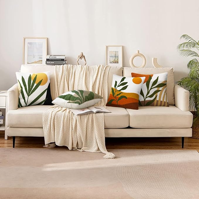 Merrycolor Abstract Boho Pillow Covers 18x18 Soft Mid Century Throw Pillow Covers Texture Geometric Floral Green Pillow Cover Cases Bohemian Decorative Throw Pillows for Couch Bed Sofa Bedroom