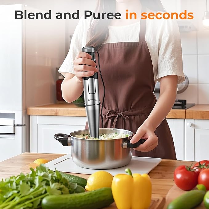 KOIOS Immersion Blender Handheld - Trigger Variable Speed 5-in-1 Immersion Hand Blender 1100W, Anti-Scratch Stainless Steel Shaft, Chopper & Milk Frother, Non-BPA for Soup, Baby Food and Smoothies