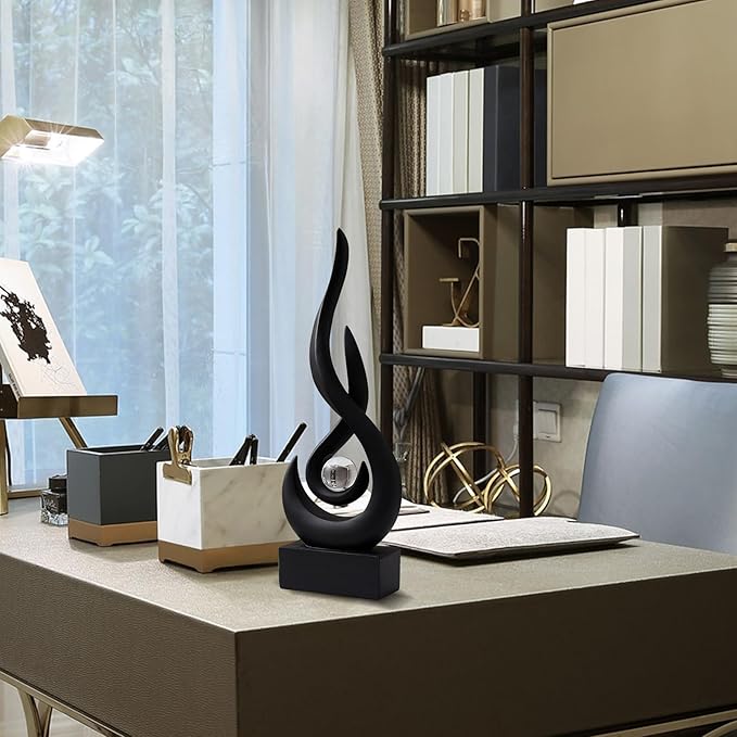 AWNR Abstract Black Sculpture: Flame Statue with Glass Ball Resin Art Figurines - Unique Centerpiece for Modern Home Decor