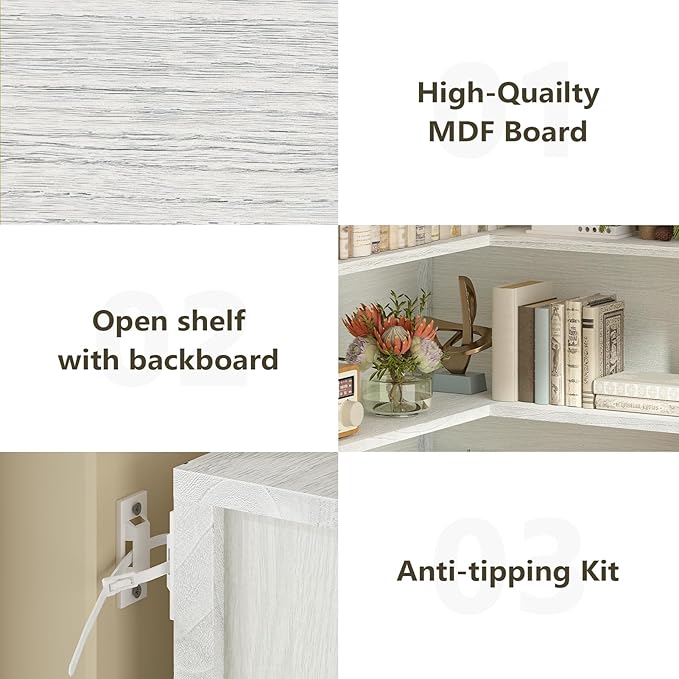 TVU Wood Corner Book Shelf, 5 Tier 65 Inch Tall Bookshelf with Storage, Floor Standing Display Book Shelf for Living Room, Kitchen, Home Office, Antique White