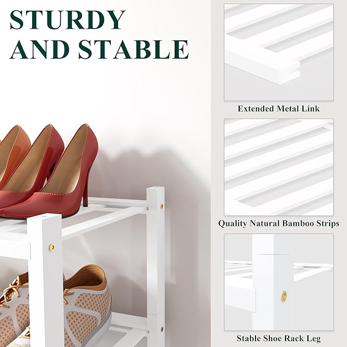 Smiry Bamboo Shoe Rack for Closet, 5 Tier Wooden Stackable Shoe Organizer, Free Standing Shoes Storage Shelf for Entryway, Front Door Entrance, White