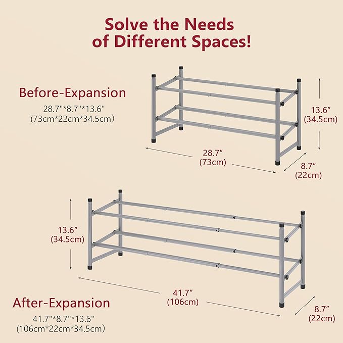 Tajsoon 2 Tier Expandable Shoe Rack for Closet, 28“-41“Adjustable & Stackable Shoe Shelf Storage, Metal Shoe Rack Organizer for Front Door Entrance, Closet, Garage, Entryway, Grey