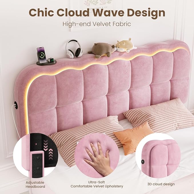 Queen Size Bed Frame with 4 Storage Drawers and LED, Adjustable Clouds Headborad, Velvet Upholstered Platform Queen Bed Frame with Charing Station, Wood Slats Support, No Box Spring Needed,Pink