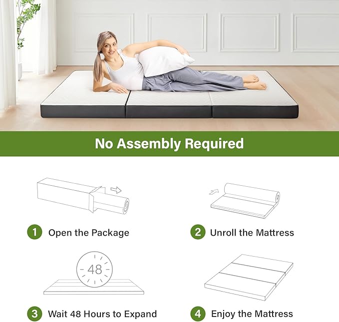 Folding Mattress 4in Single Memory Foam Tri-Folding Mattress with Washable Cover Foldable Floor Mat for Guest Bed, Camping, Yoga, RV Travel, White, (Size: 25" L x 75" W x 4" Th)