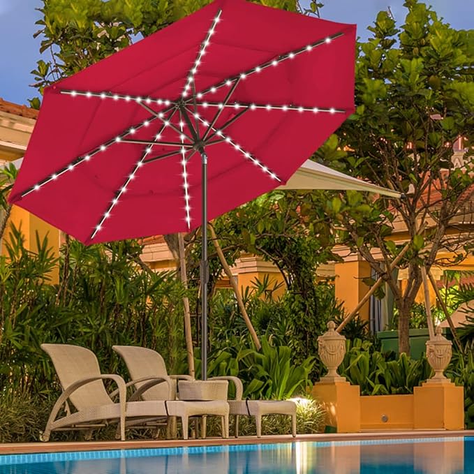 EliteShade USA 10-Year-Non-Fading Solar 9ft 3 Tiers Market Umbrella with 80 LED Lights Patio Umbrellas Outdoor Table with Ventilation,Logo Red
