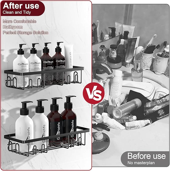 Adhesive Shower Caddy, Shower Shelves with 16 Hooks, Rustproof Shelf Wall Corner Racks for Inside Bath, No Drilling & Sleek Bathroom Organizers and Storage Caddies Soap Holder, 2 Pack