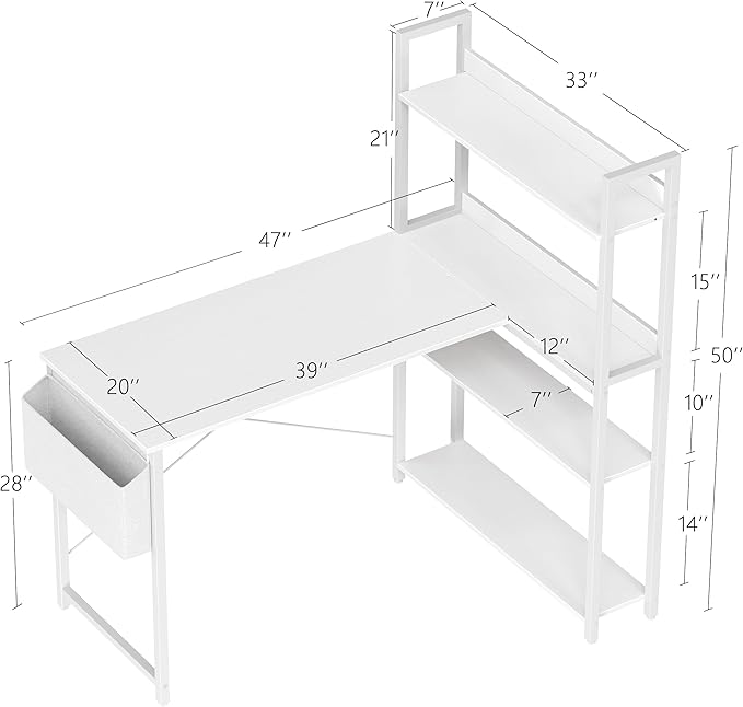 Treesland 47 Inch Computer Desk with Bookshelf, Corner Desk with Storage, L Shaped Desk, Home Office Desks, Writing Study Desk for Bedroom, White