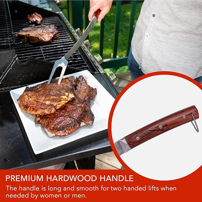 Grill Fork 24-inch Super Long for Grilling Barbecue Griddle and Fire Pit Extra Strong Curved Neck Premium Hardwood Handle Large Stainless Steel Tines for BBQ Outdoor Kitchen and Grilled Food