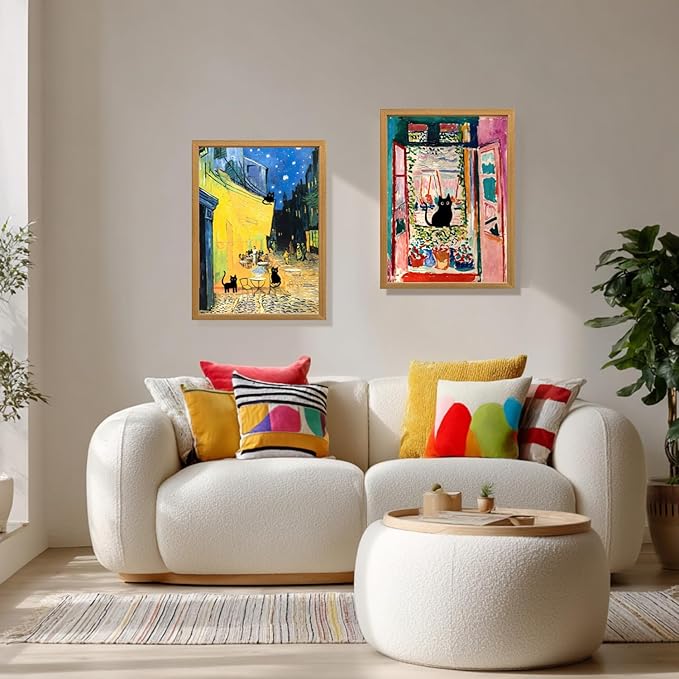 FASWQ Whimsical Black Cat Wall Art, Van Gogh Matisse Picasso Wall Decor, Funny Bathroom Canvas Paintings, Cute Animal Aesthetic Pictures for Living Room Kids' Room Wood Framed Ready to Hang 16"x24"x3