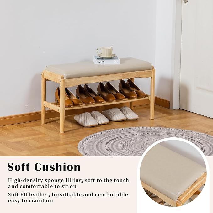 Shoe Bench, Entryway Bench, Wood 2-Tier Shoe Rack with Cushion Padded Seat Shoe Organizer (31.5",Beige+Nature)