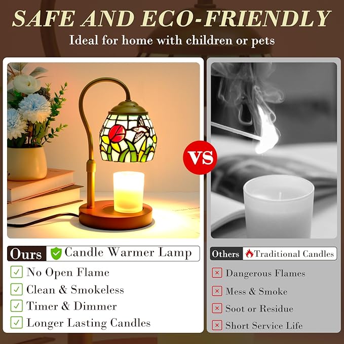 Candle Warmer Lamp with Timer Dimmer, Adjustable Height Candle Warmer for Jar Candles, Birthday Gifts for Women New Home Bedroom Decor Tiffany Hummingbird Style Stained Glass with 2 Bulbs