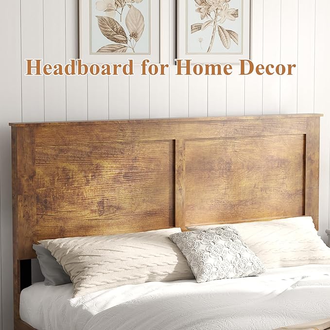 Wooden Bed Frame Full Size with Headboard, Farmhouse Platform Bedframe with Wood Slat Support, Sturdy Framework Bed Frame, Easy Assembly (Rustic Brown)