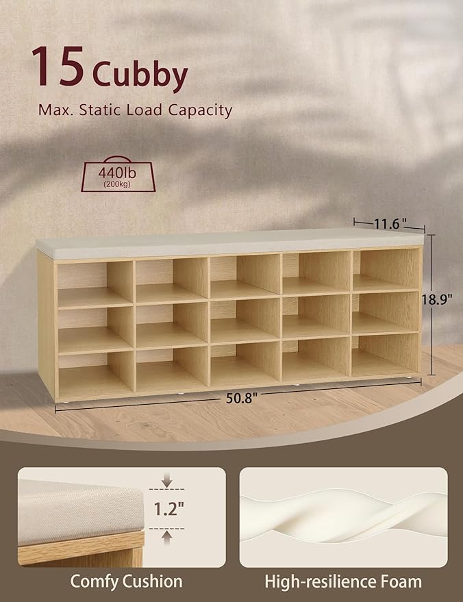 DINZI LVJ Shoe Storage Bench with Cushion, 15-Cubby Shoe Rack, Adjustable Shelves, Long Shoe Organizer Bench for Entryway, Mudroom, Hallway, Living Room, Bedroom and Garage, Natural
