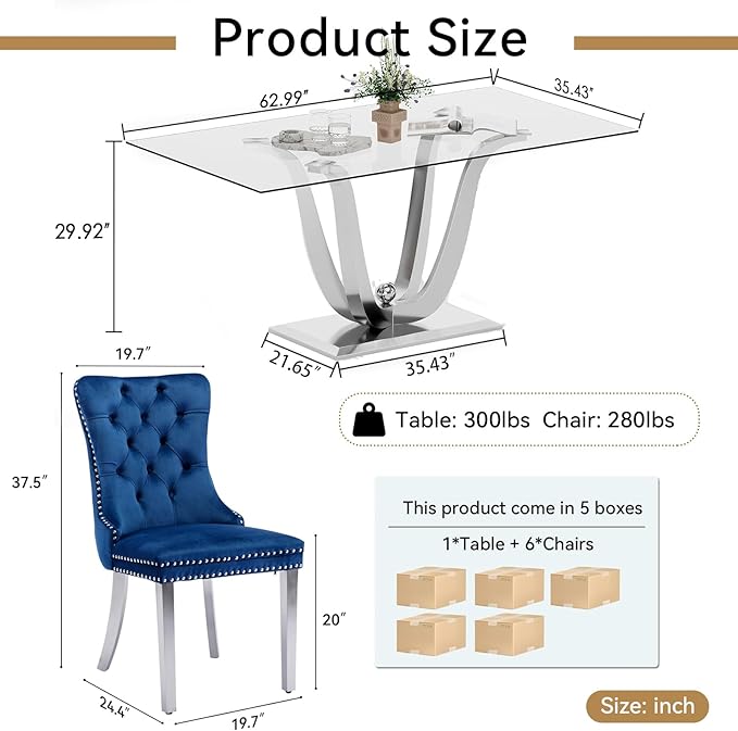 70" Modern Silver Glass Dining Table Set for 6, 7-Piece Rectangle Kitchen Dining Room Table Set with Steel Base & 6 Blue Velvet Upholstered Chairs, Modern Glass Kitchen Table and Chairs Set of 6