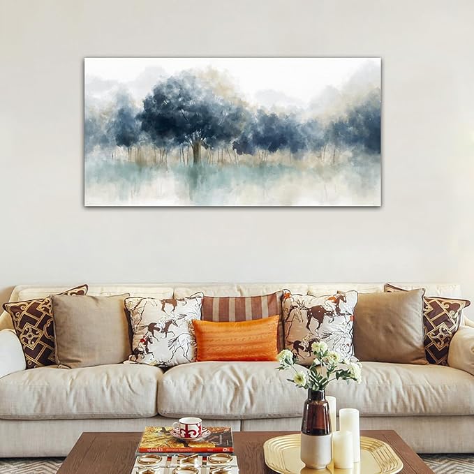 yearainn Foggy Forest Wall Art - Indigo Blue Abstract Trees Canvas Pictures for Wall Decor Nature Canvas Painting Modern Printing Artwork for Living Room Bedroom Home Office Wall Decoration 29" x 58"