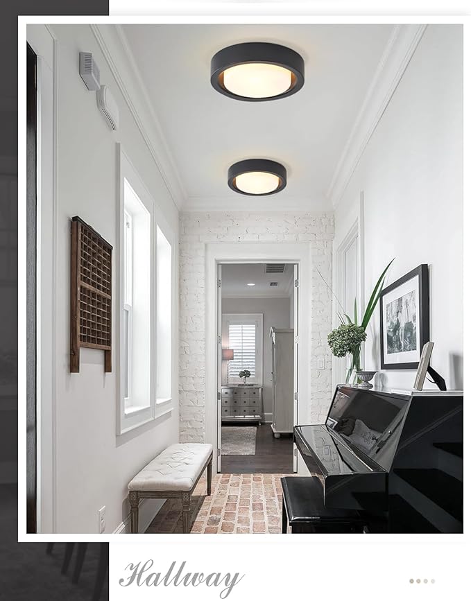 13 Inch Flush Mount Ceiling Light,Black Finish Plate with Frosted Glass Shade,Round Ceiling Lighting Fixture for Hallway Bedroom Closet Livingroom Kitchen Stairwell (Black)